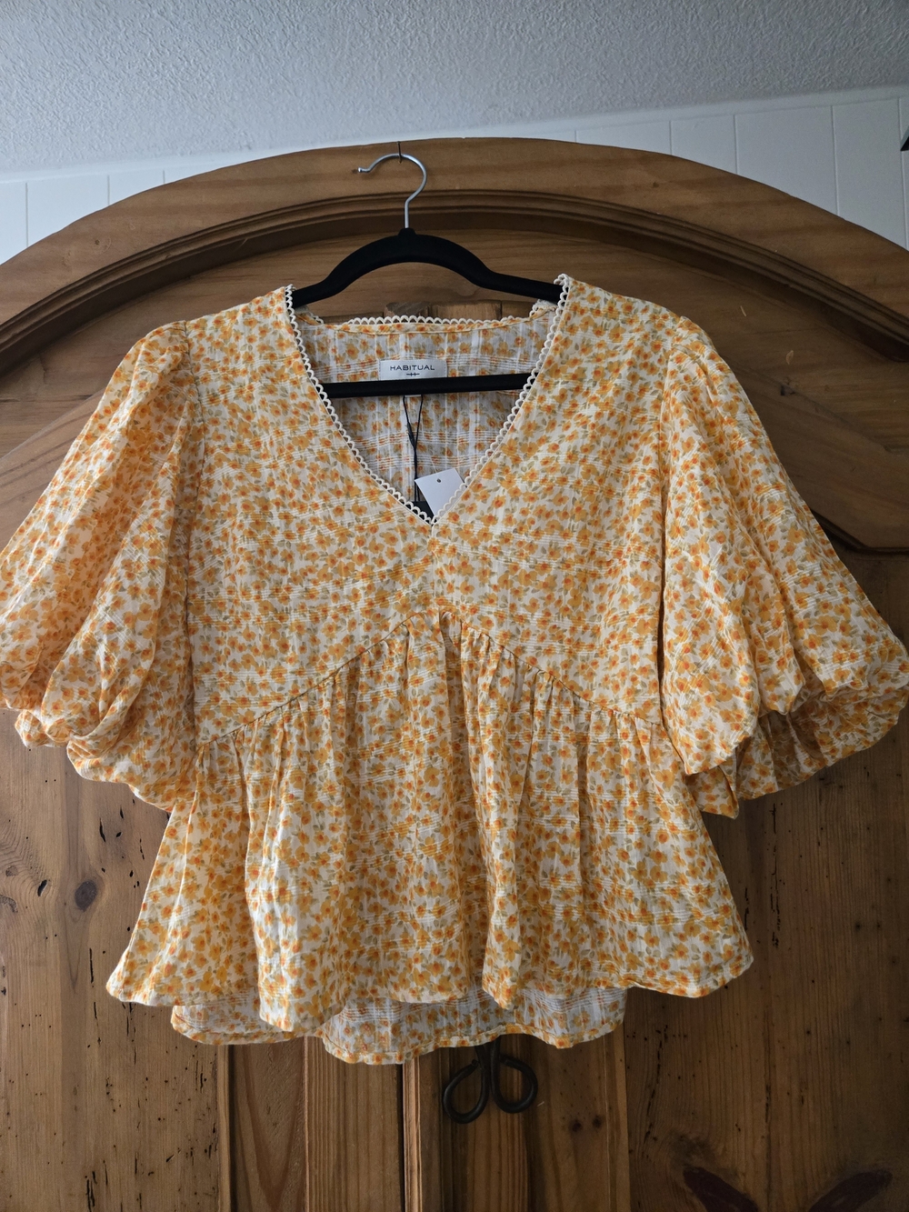 Habitual Yellow Floral V-Neck Puff Sleeve Peplum Blouse